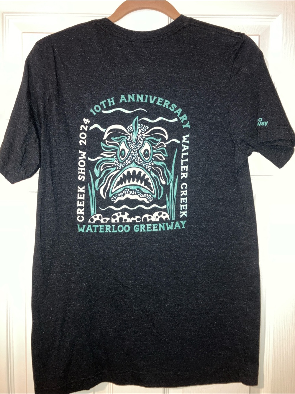 Waterloo Greenway Charcoal Heathered Tee with Teal Logo on Back/Sleeve - Medium